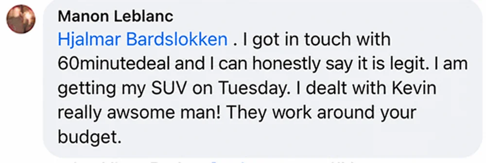 Customer comment about 60 Minute Car Deals