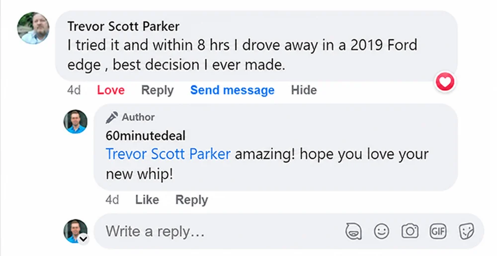 Customer comment about 60 Minute Car Deals