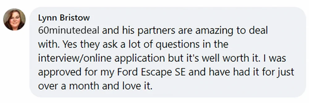 Customer comment about 60 Minute Car Deals